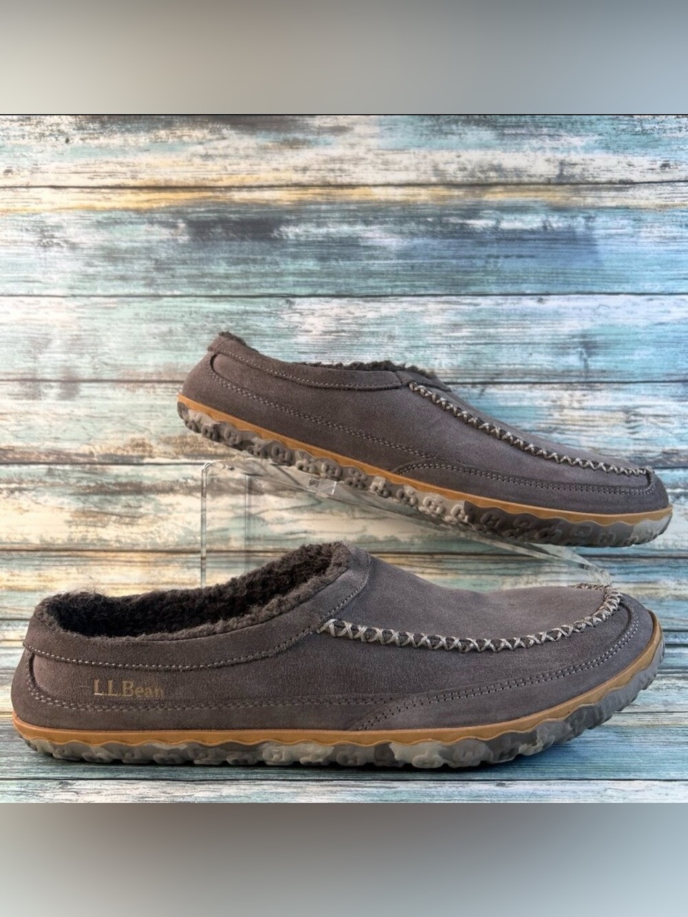 LL Bean Mountain Slippers Mens 11 Stain Resistant Gray Suede Fleece Lined Scuffs